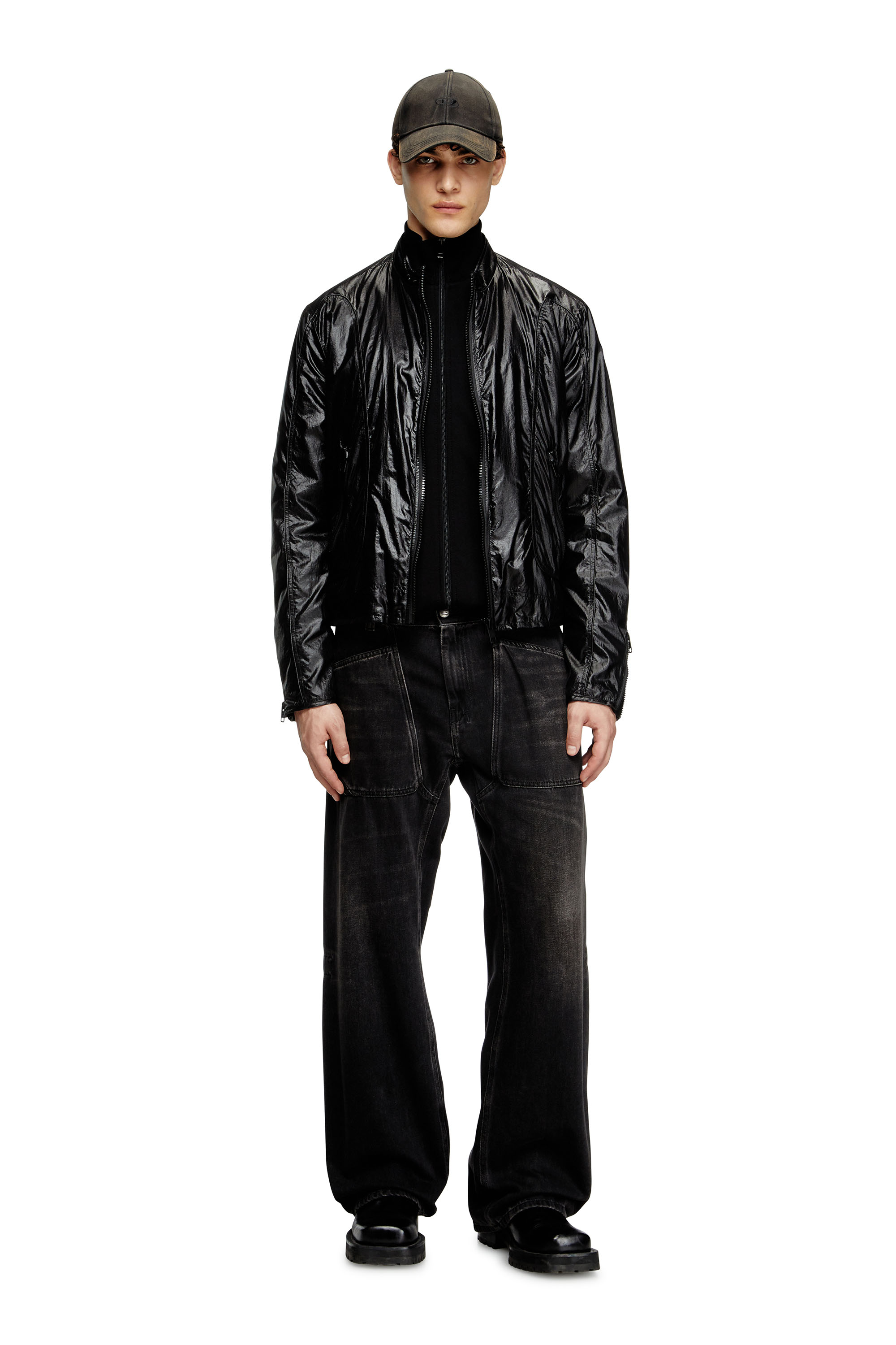 Diesel - J-CLAYS, Man's Biker jacket in shiny ripstop in Black - 2