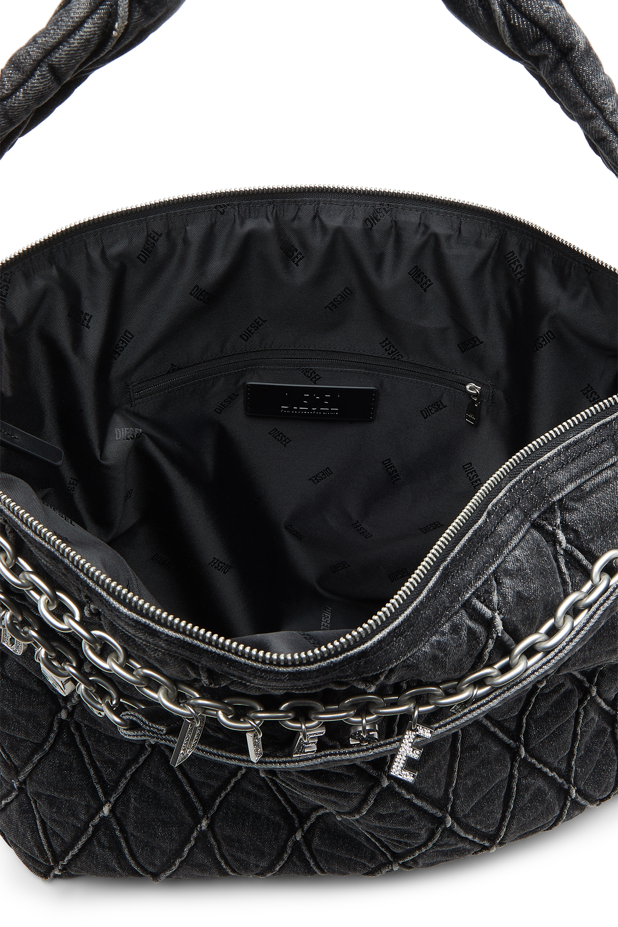 Diesel - HOSHI CHARM-D HOBO, Woman's Quilted-denim hobo bag with chain charms in Black - 4