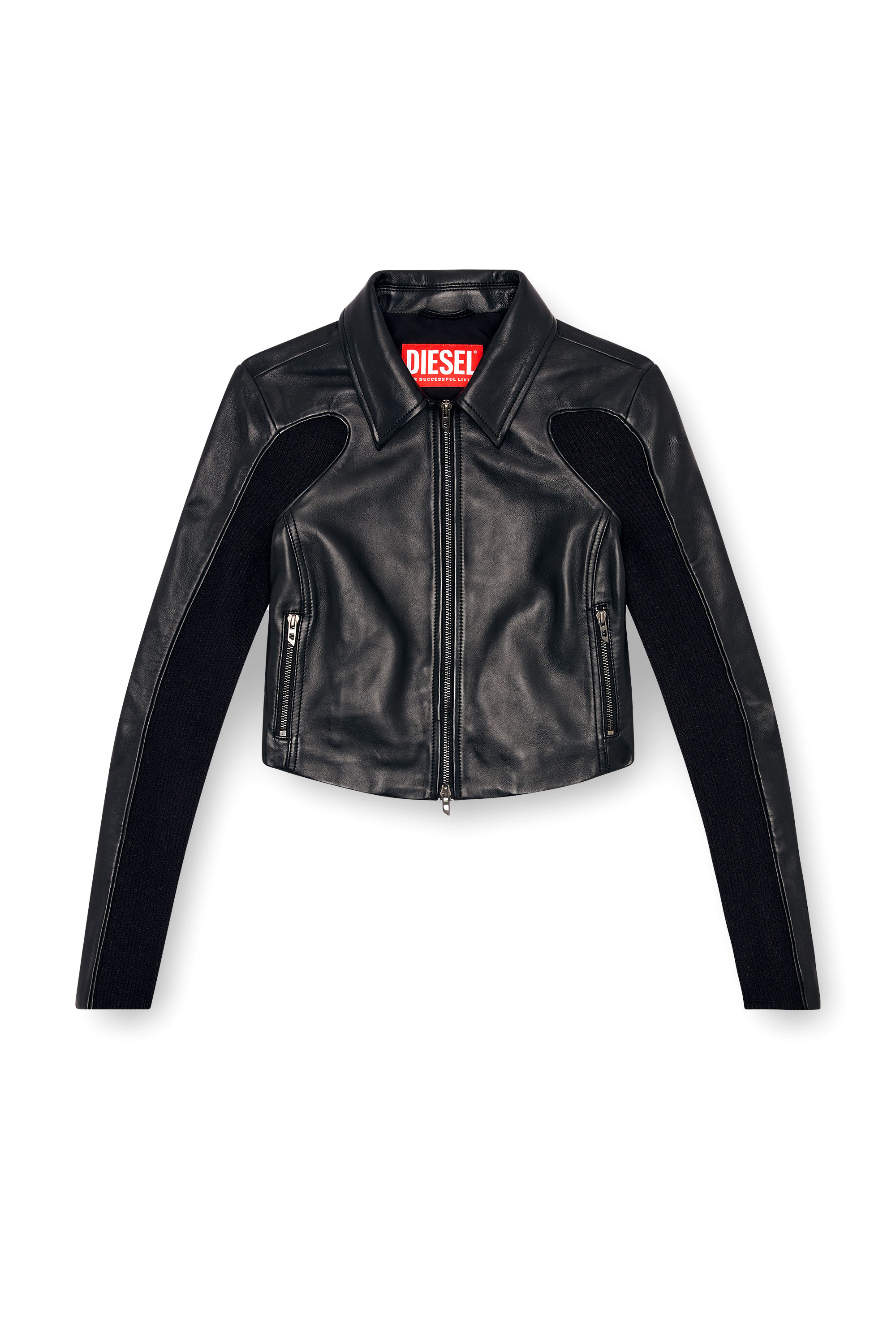 Diesel - L-TOTEM-P1, Woman's Cropped leather jacket with knit inserts in Black - 3