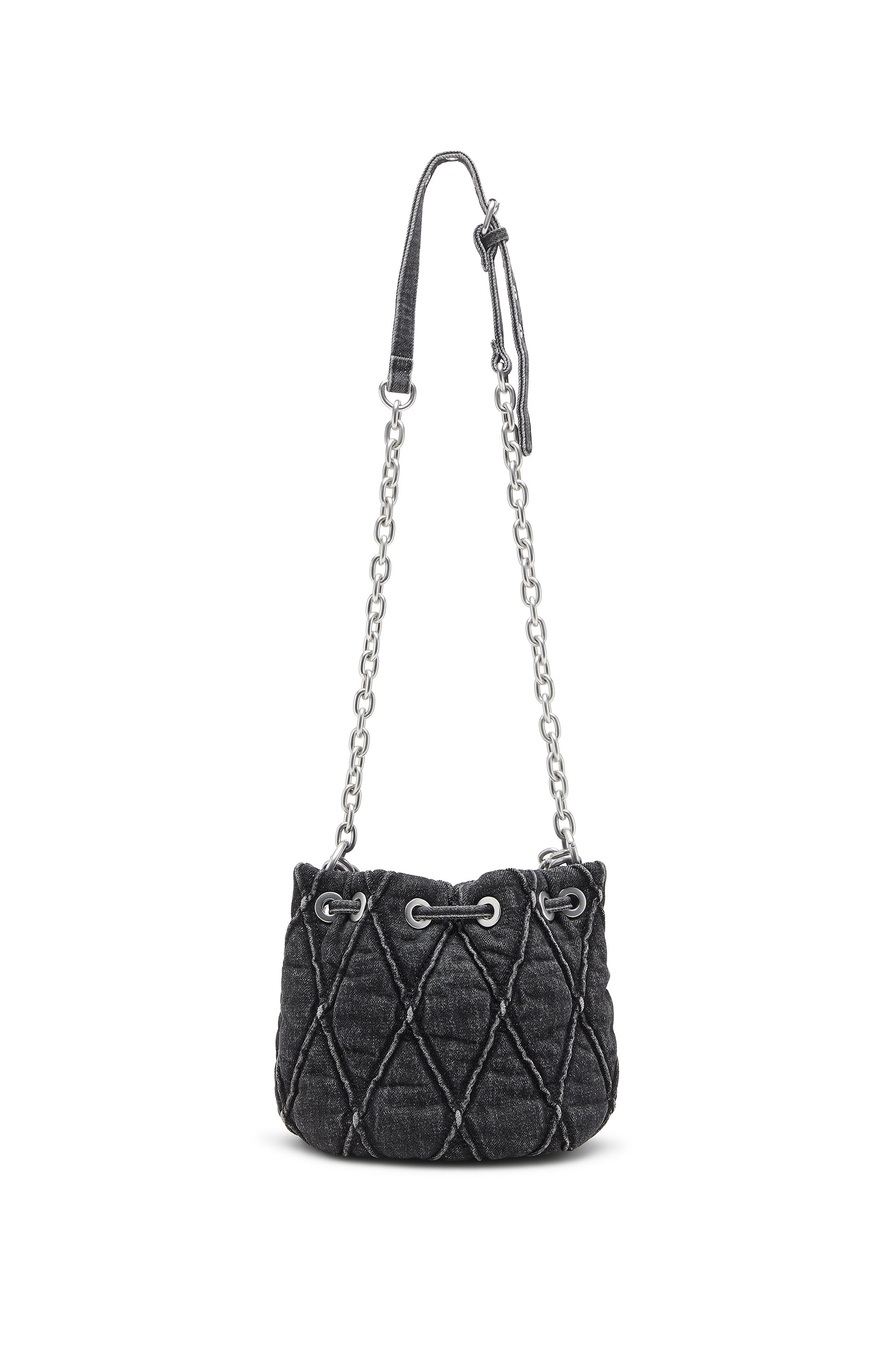 Diesel - HOSHI CHARM-D BUCKET S, Woman's Quilted-denim bucket bag with chain charms in Black - 2
