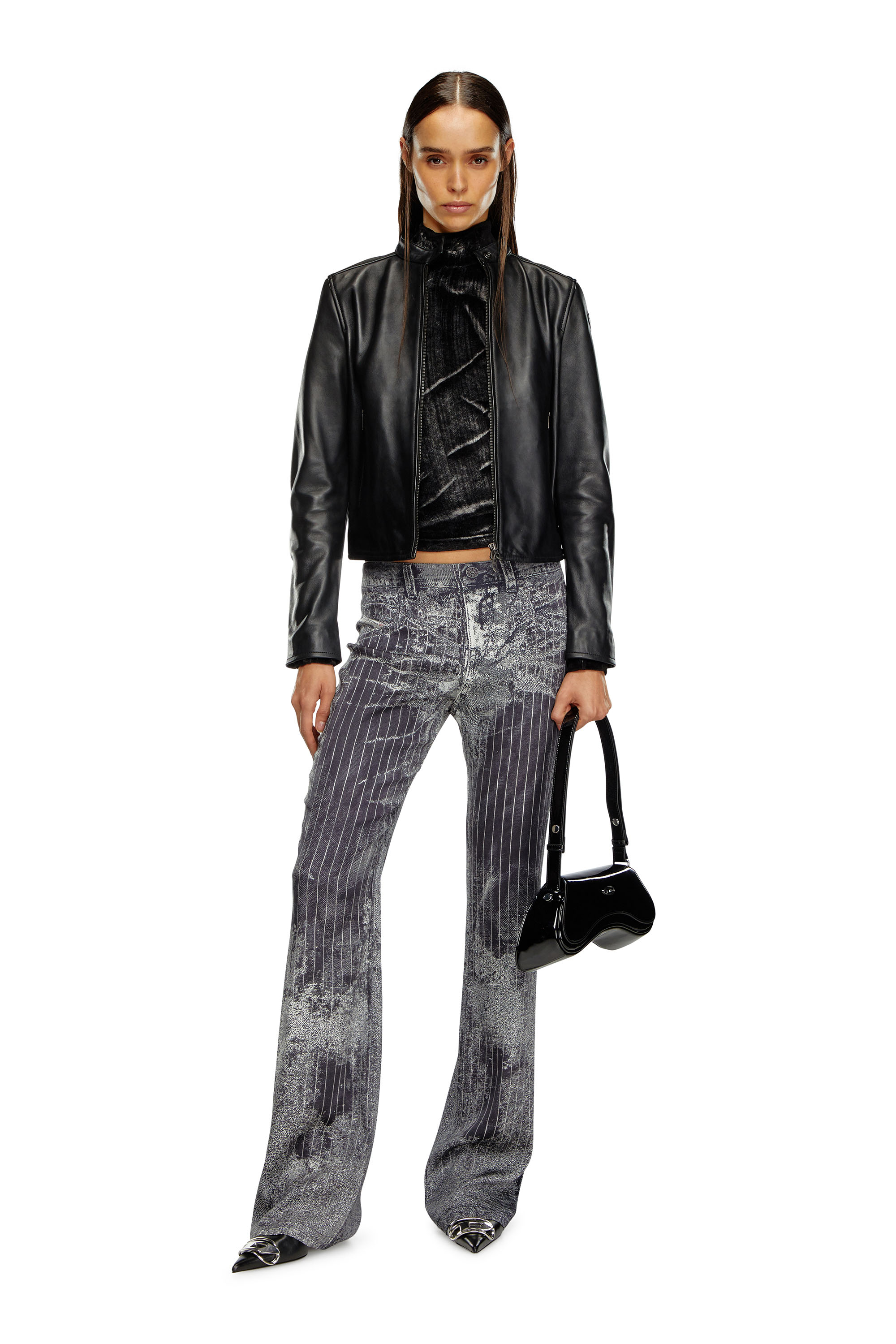 Diesel - L-AYLA, Woman's Leather biker jacket with embossed logo in Black - 2