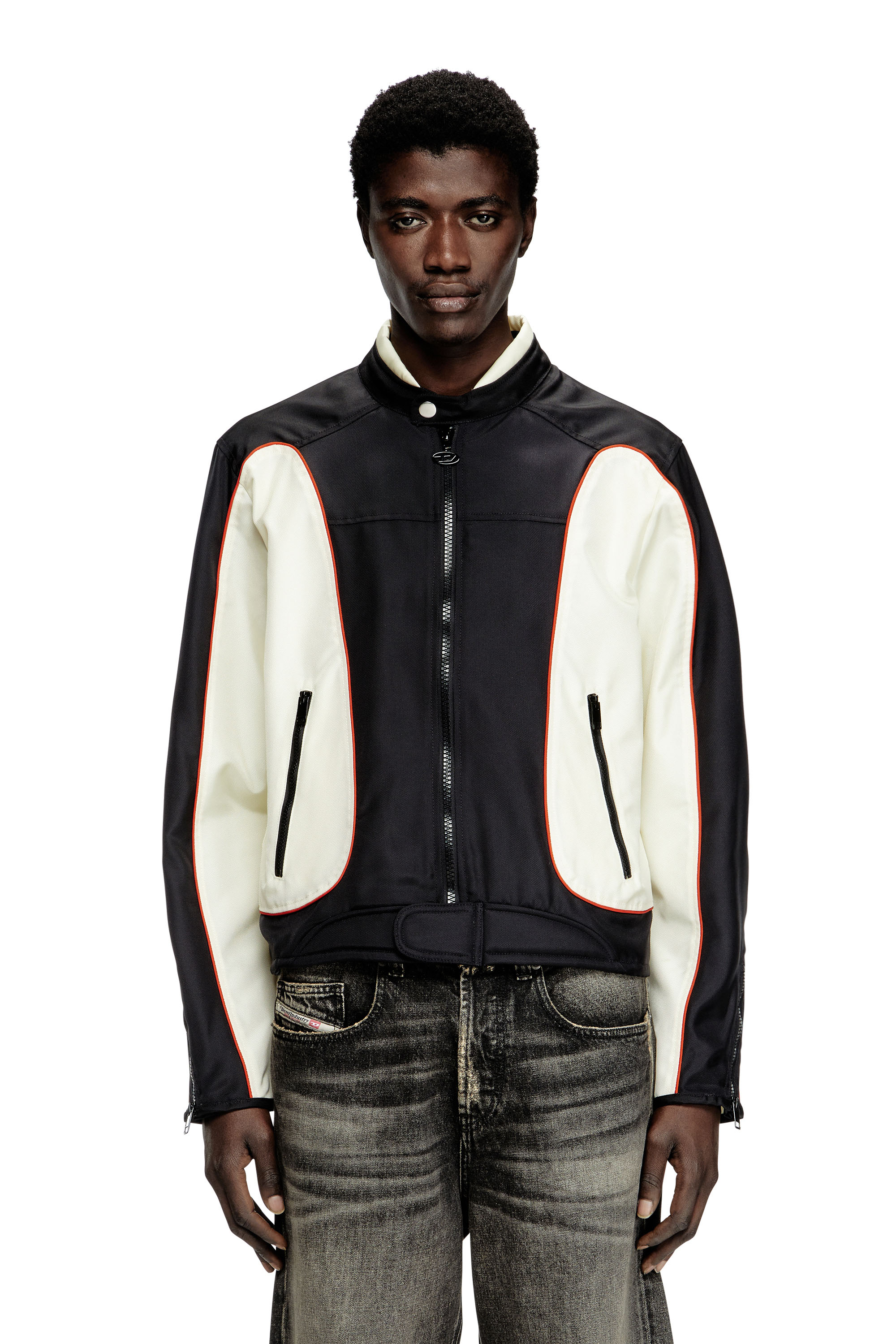 Diesel - J-BLINK-A, Man's Colour-block biker jacket with piping in White/Black - 1