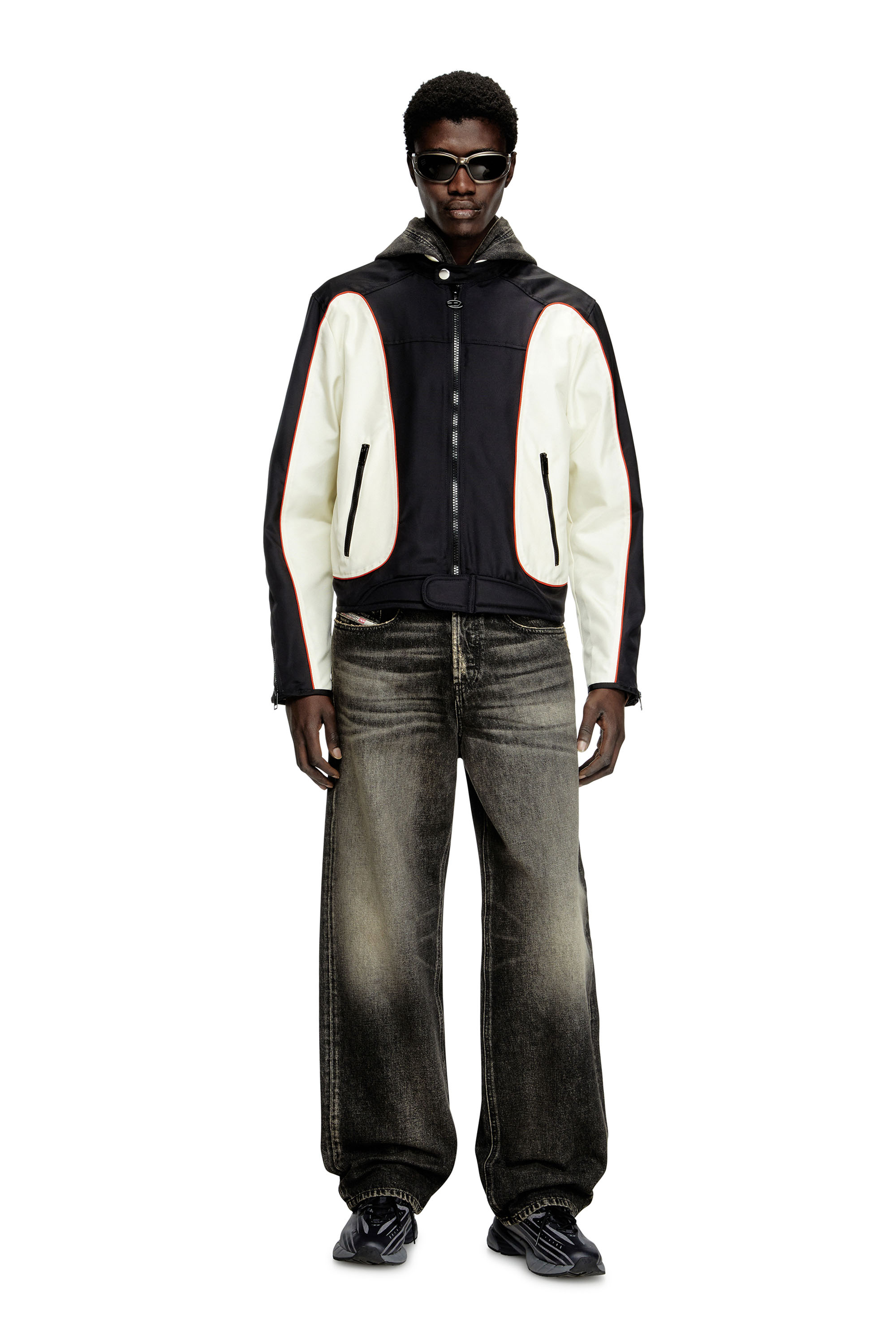 Diesel - J-BLINK-A, Man's Colour-block biker jacket with piping in White/Black - 2