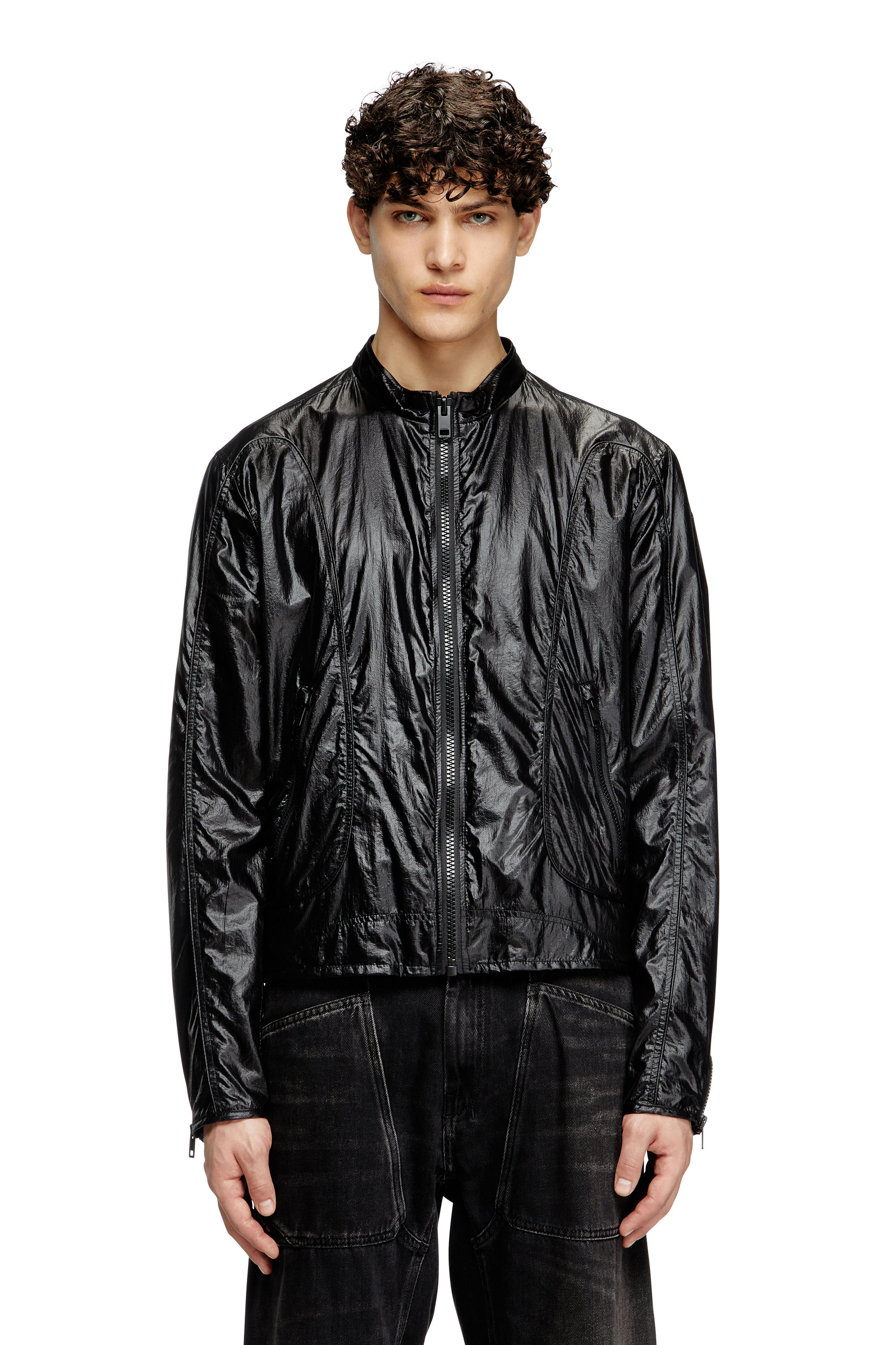Diesel - J-CLAYS, Man's Biker jacket in shiny ripstop in Black - 1