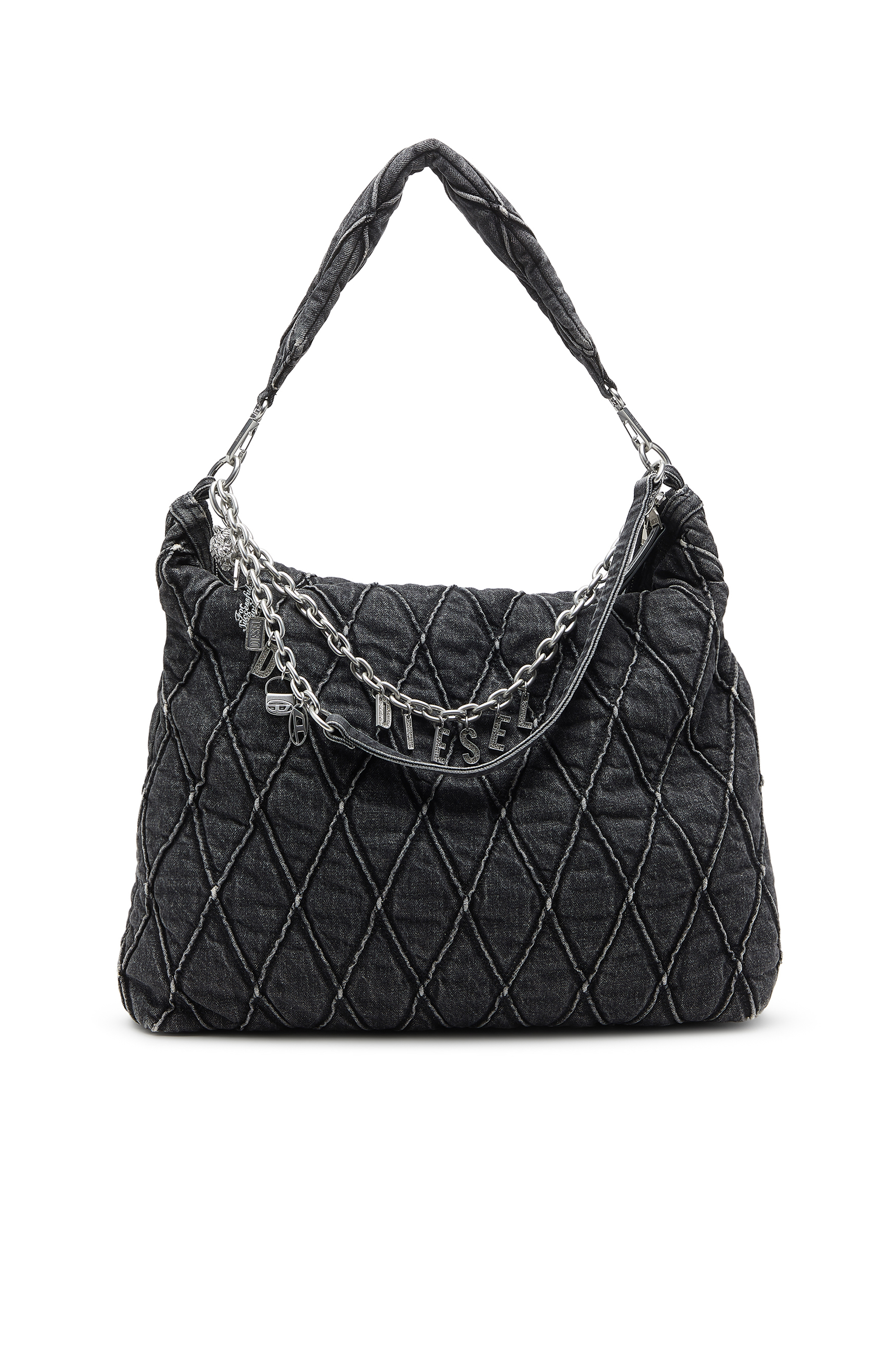 Diesel - HOSHI CHARM-D HOBO, Woman's Quilted-denim hobo bag with chain charms in Black - 1