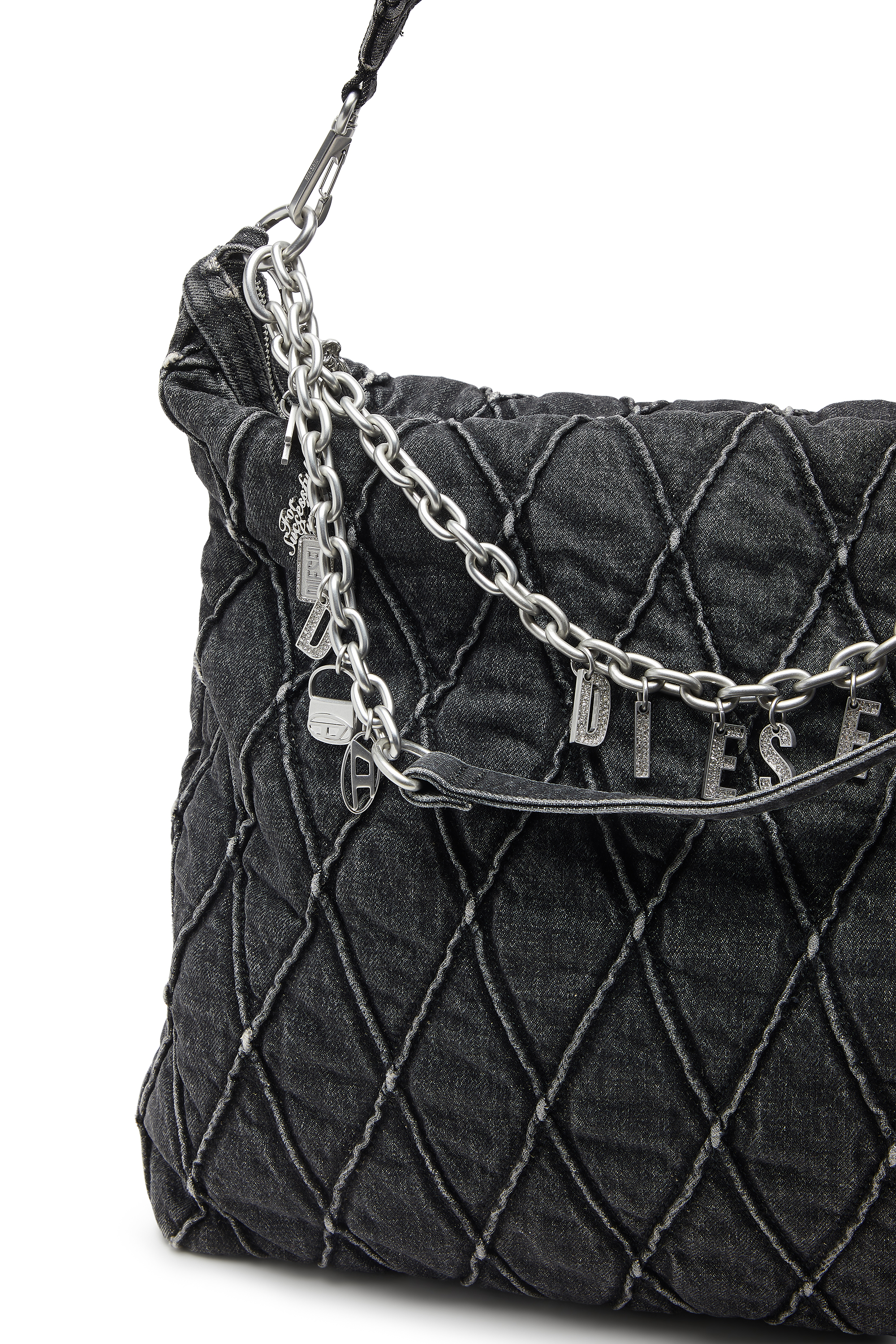 Diesel - HOSHI CHARM-D HOBO, Woman's Quilted-denim hobo bag with chain charms in Black - 5