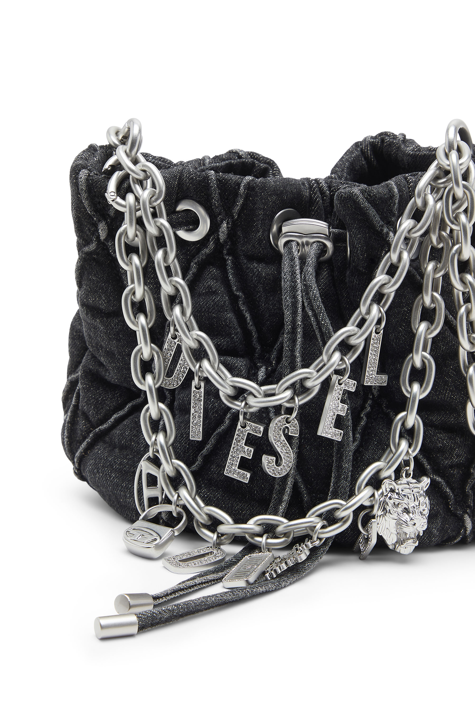 Diesel - HOSHI CHARM-D BUCKET S, Woman's Quilted-denim bucket bag with chain charms in Black - 5