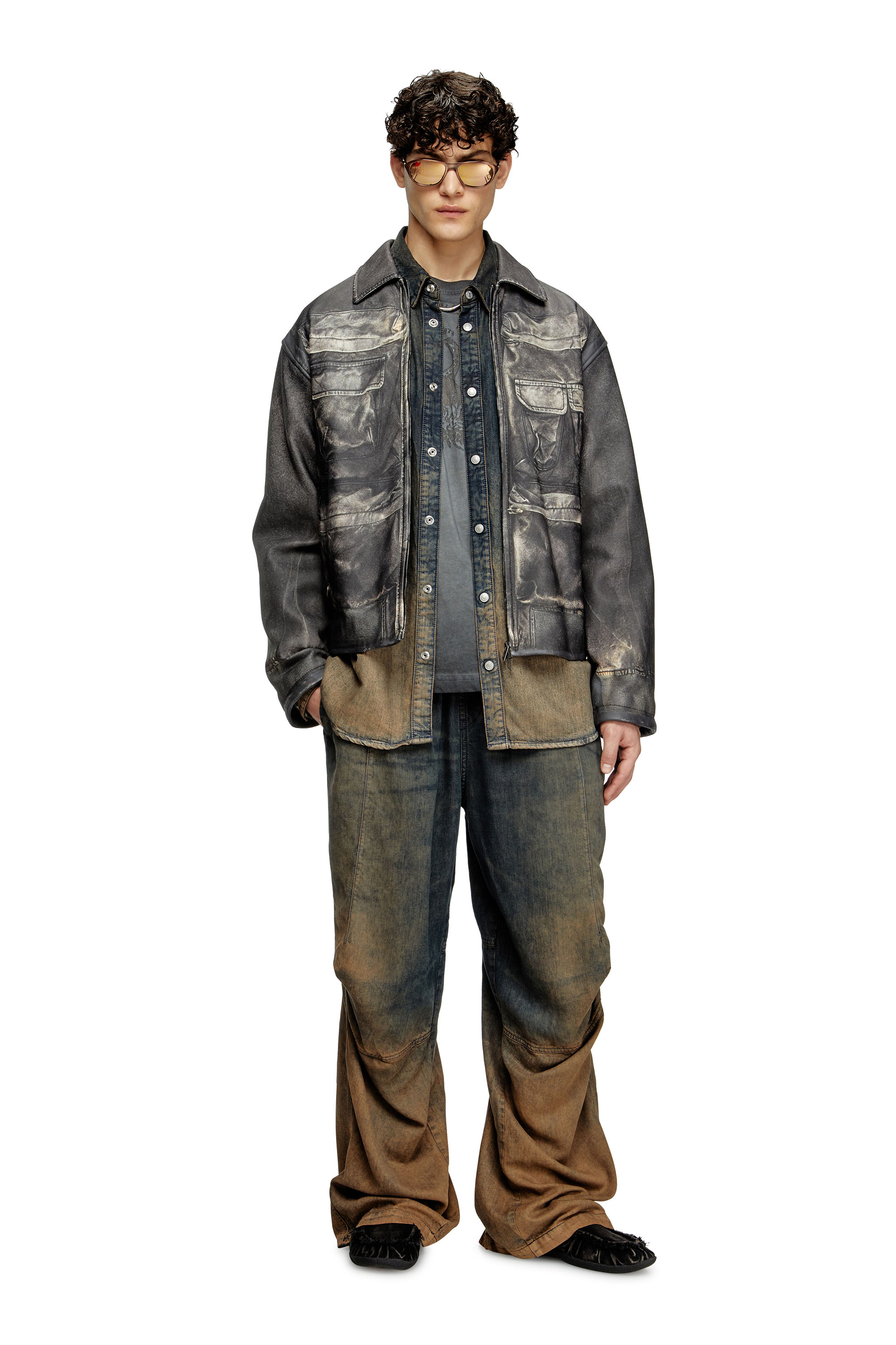 Diesel - L-MAYER, Man's Leather jacket with trompe l'oeil pockets in Black - 2
