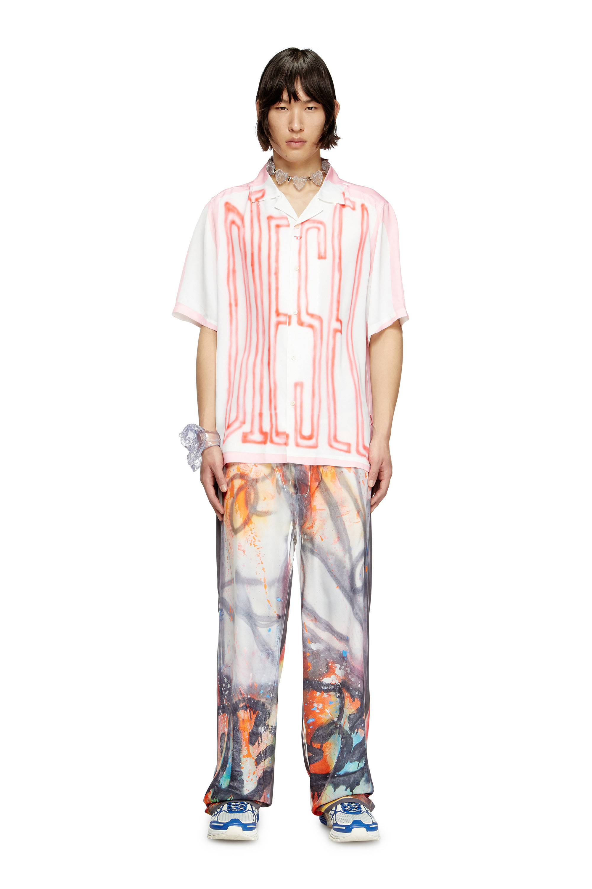 Diesel - C-PAROSHORT-GRAFFITI-FRA, Unisex's Satin bowling shirt with graffiti logo in Pink/White - 1