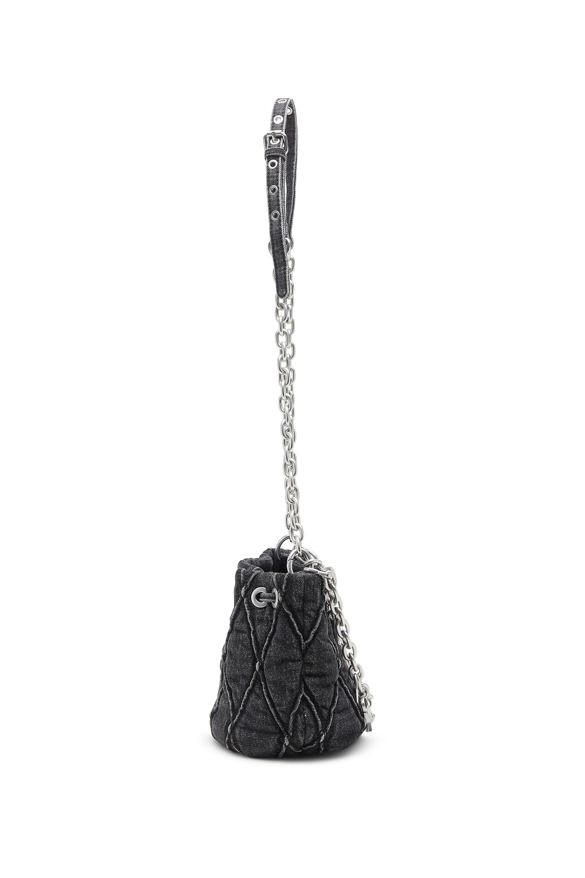 Diesel - HOSHI CHARM-D BUCKET S, Woman's Quilted-denim bucket bag with chain charms in Black - 3