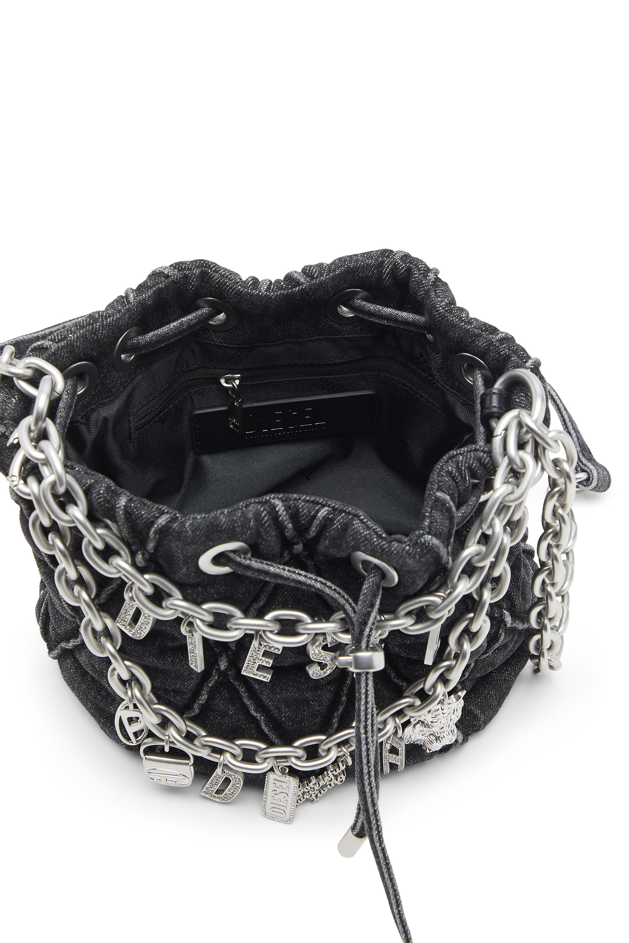 Diesel - HOSHI CHARM-D BUCKET S, Woman's Quilted-denim bucket bag with chain charms in Black - 4