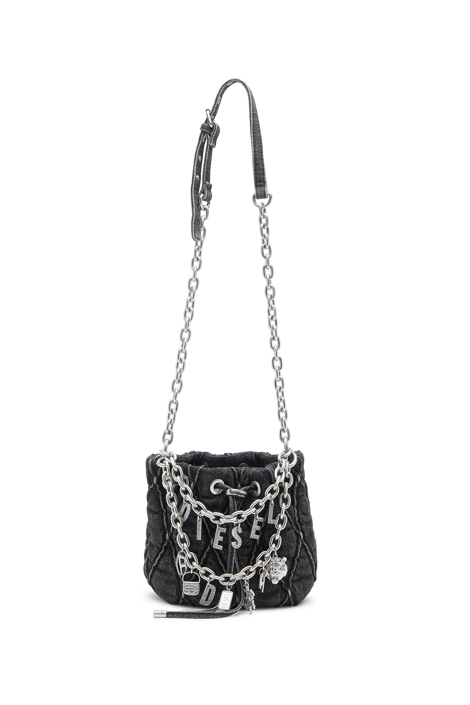 Diesel - HOSHI CHARM-D BUCKET S, Woman's Quilted-denim bucket bag with chain charms in Black - 1
