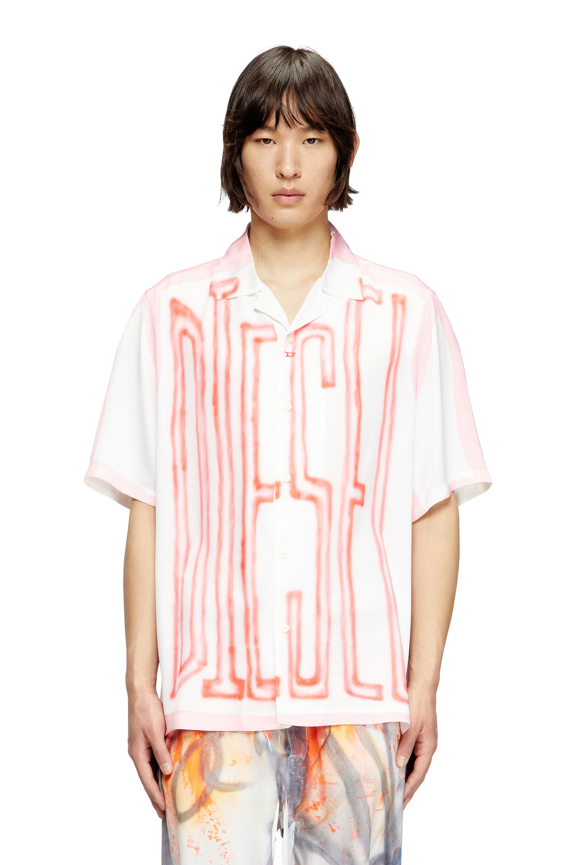 Diesel - C-PAROSHORT-GRAFFITI-FRA, Unisex's Satin bowling shirt with graffiti logo in Pink/White - 2